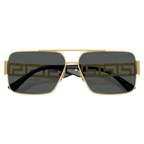 New VERSACE Sunglasses Gold Metal Greca Logo Rectangle Black Gray